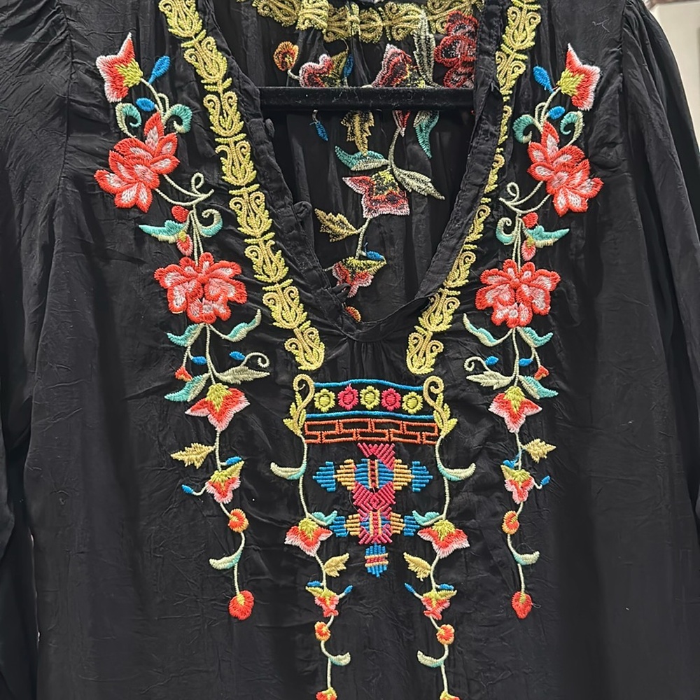 Johnny Was Black Embellished Long Sleeve Blouse